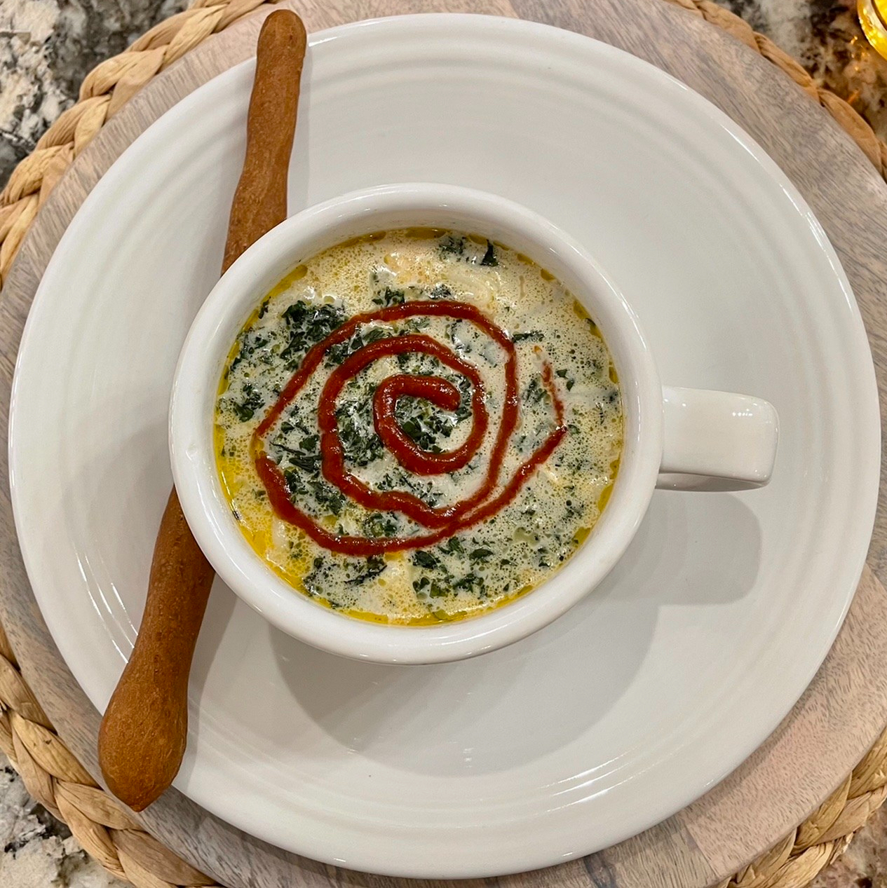 Chicken Curry Soup with a molasses sourdough breadstick