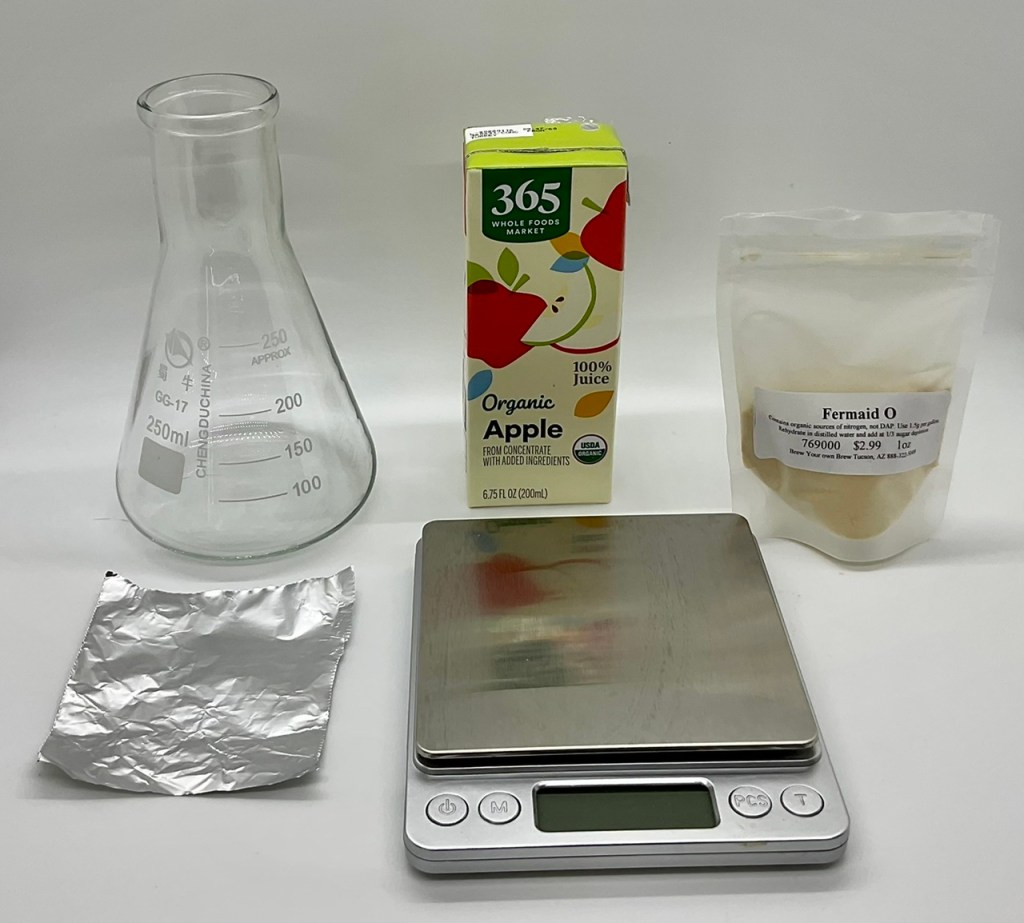 Materials for creating a cider yeast starter.